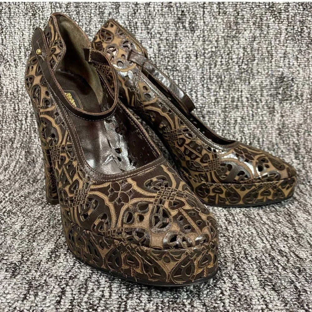 VTG 90s BIBA Italy Deco Laser Cut Out Leather Platform Mary Jane Heels Women 7.5